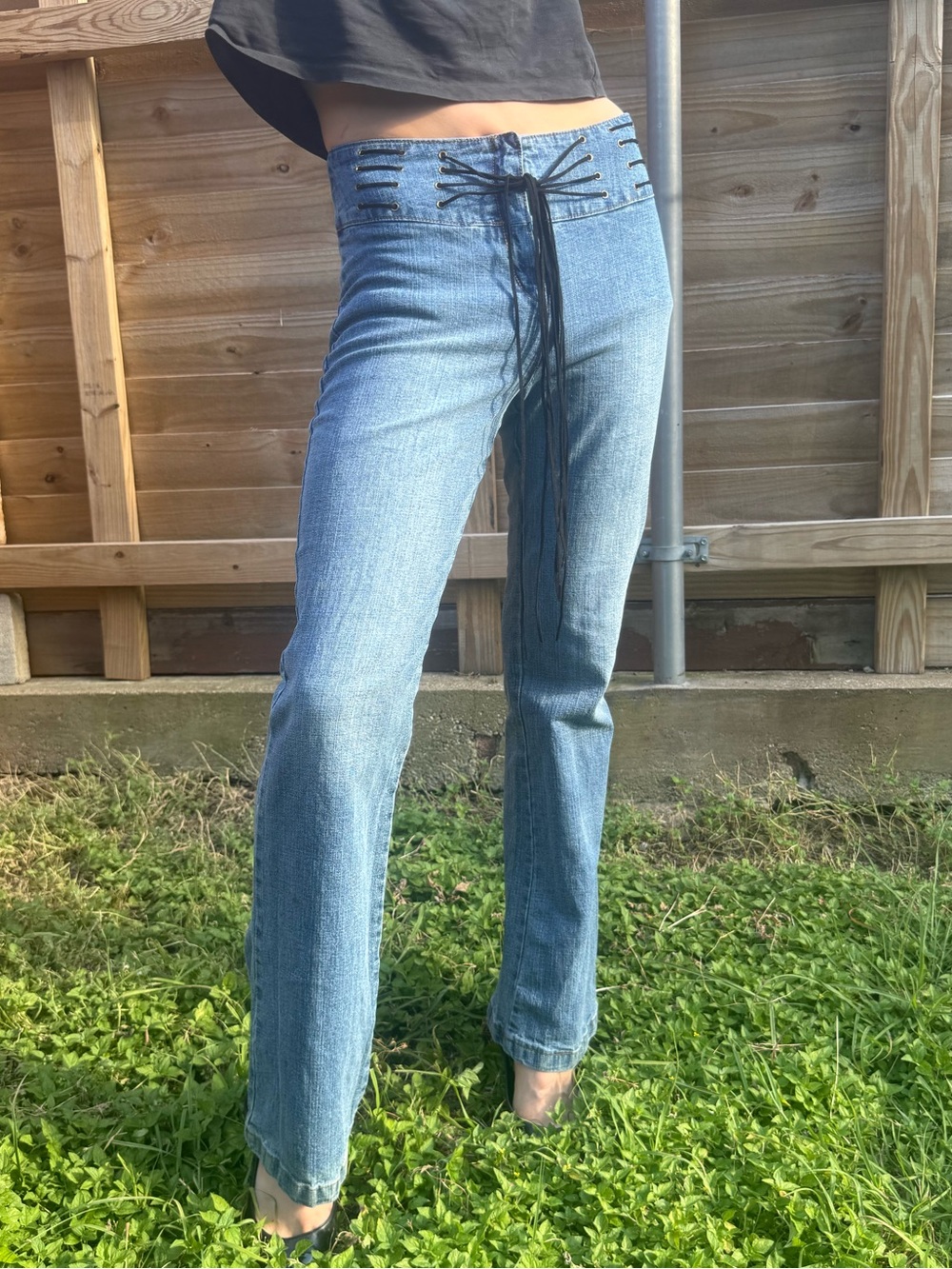 Lace-Up Light Blue Straight-Leg Women's Jeans